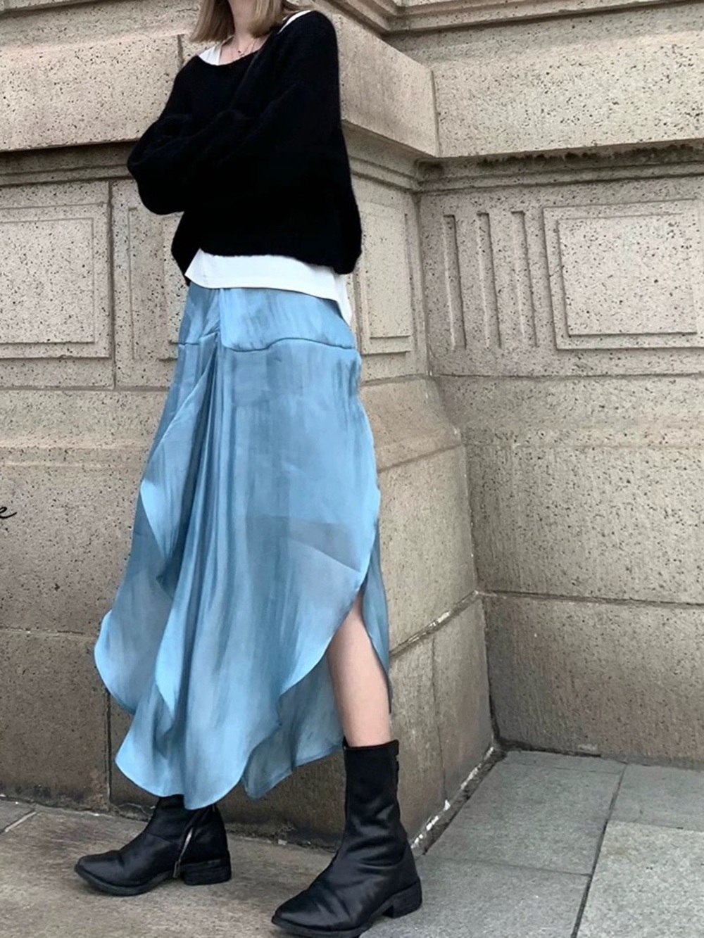 Women's Metallic Light Blue Pleated Draped Flowy Skirt